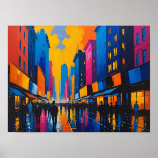 Vibrant City Street Night Painting Poster