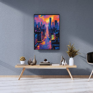Vibrant Cityscape at Sunset Neon Lights Digital  Photo Print