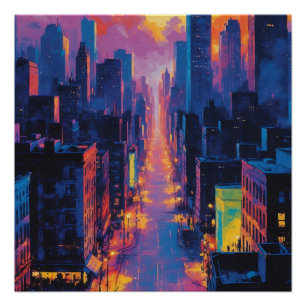 Vibrant Cityscape at Sunset Neon Lights Digital  Poster