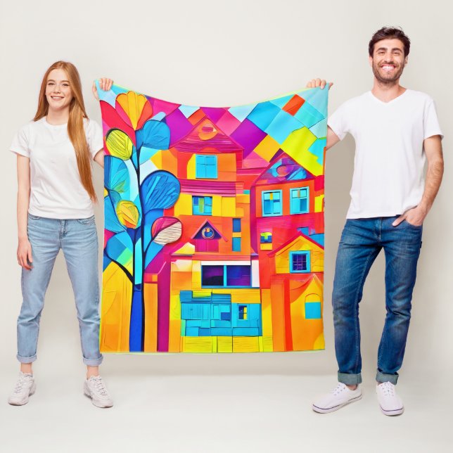 Vibrant Cityscape Dreamscape Art Fleece Blanket (In Situ)