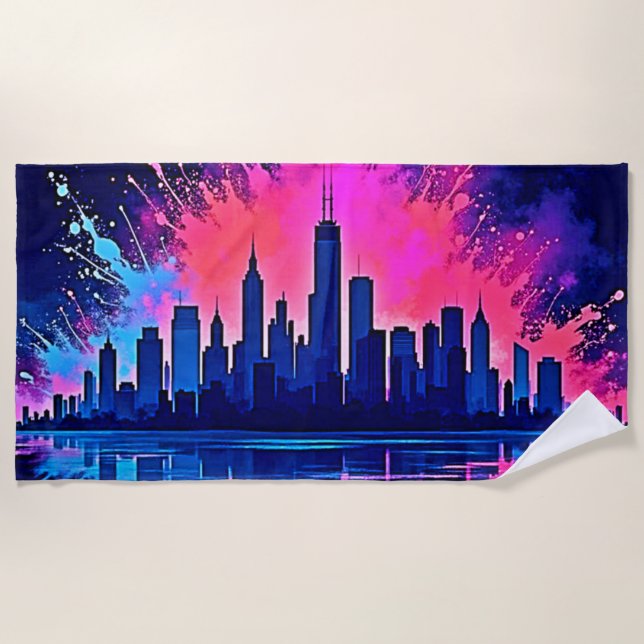 Vibrant Cityscape Splash Art Beach Towel (Front)
