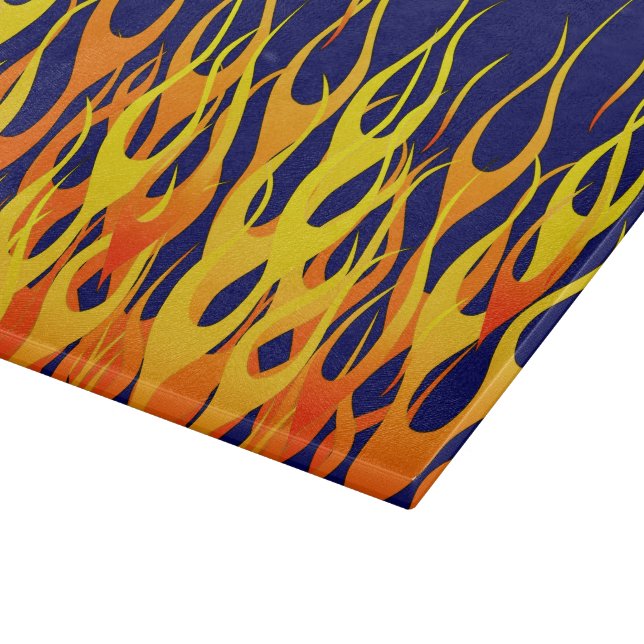 Vibrant Classic Racing Flames on Navy Blue Cutting Board (Corner)