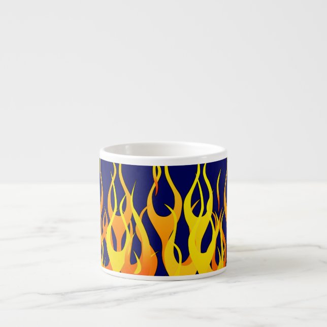 Vibrant Classic Racing Flames on Navy Blue Espresso Cup (Front)