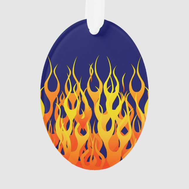 Vibrant Classic Racing Flames on Navy Blue Ornament (Back)