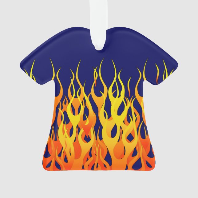 Vibrant Classic Racing Flames on Navy Blue Ornament (Back)