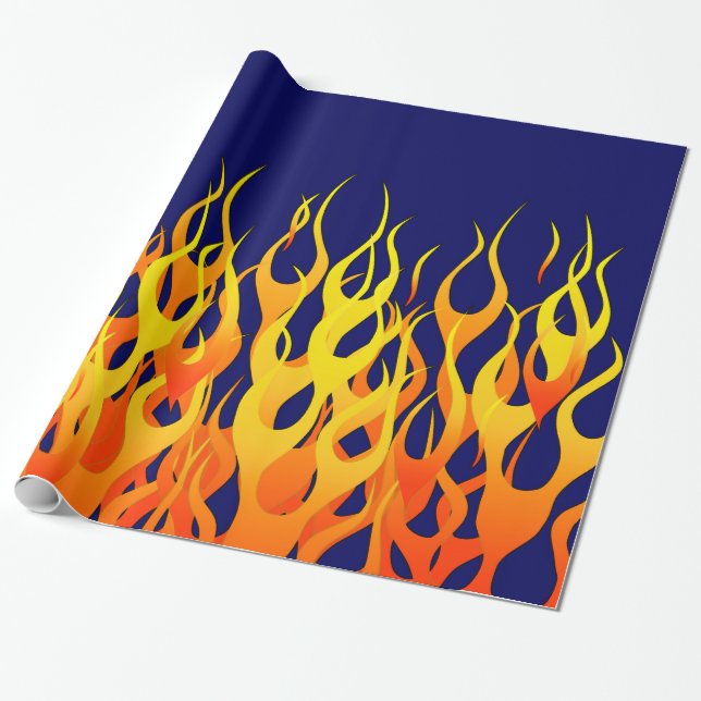 Vibrant Classic Racing Flames on Navy Blue Wrapping Paper (Unrolled)