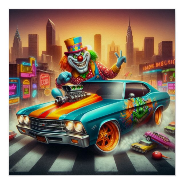 Vibrant Clown and Muscle Car Scene Poster (Front)