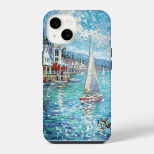 Vibrant Coastal Artwork - Sailboats, Lighthouse & iPhone 14 Case
