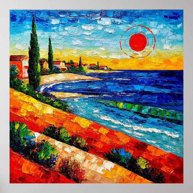 Vibrant Coastal Landscape with Colourful Sunset Poster (Front)
