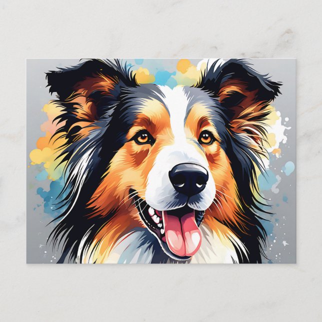 Vibrant Collie Dog Watercolor Portrait Postcard (Front)