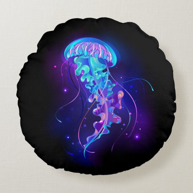 Vibrant Color Glowing Jellyfish Round Cushion (Front)