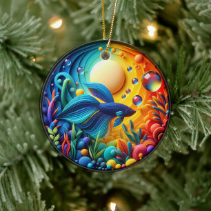 Vibrant Colored Glass Abstract Betta Fish Ceramic Tree Decoration