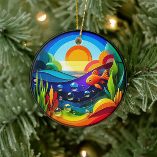 Vibrant Colored Glass Abstract Goldfish Ceramic Tree Decoration