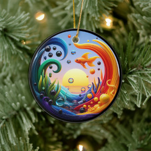 Vibrant Colored Glass Abstract Goldfish Ceramic Tree Decoration