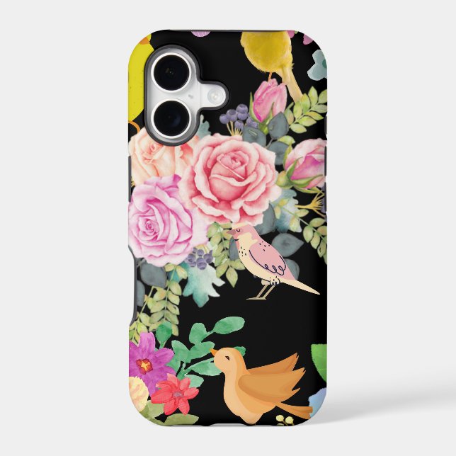 Vibrant Colorful Birds and Flowers Art on Black (Back)