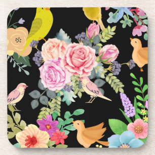 Vibrant Colorful Birds and Flowers Art on Black Coaster
