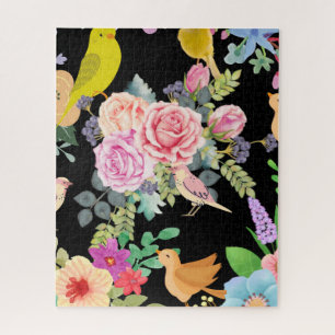 Vibrant Colorful Birds and Flowers Art on Black Jigsaw Puzzle