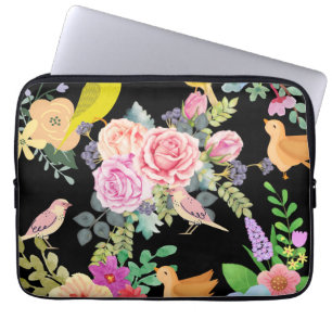 Vibrant Colorful Birds and Flowers Art on Black Laptop Sleeve