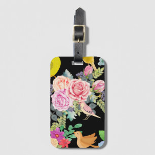 Vibrant Colorful Birds and Flowers Art on Black Luggage Tag