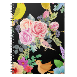 Vibrant Colorful Birds and Flowers Art on Black Notebook