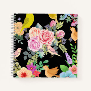 Vibrant Colorful Birds and Flowers Art on Black Notebook
