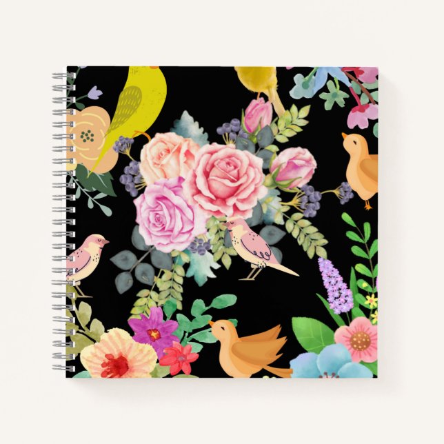 Vibrant Colorful Birds and Flowers Art on Black Notebook (Front)
