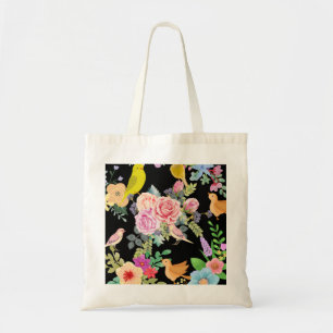 Vibrant Colorful Birds and Flowers Art on Black Tote Bag
