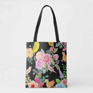 Vibrant Colorful Birds and Flowers Art on Black Tote Bag