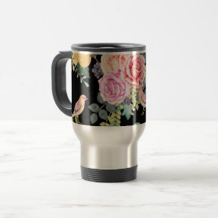 Vibrant Colorful Birds and Flowers Art on Black Travel Mug