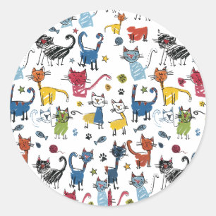 Vibrant Colorful Cats Hand Draw Kitten Classic Round Sticker