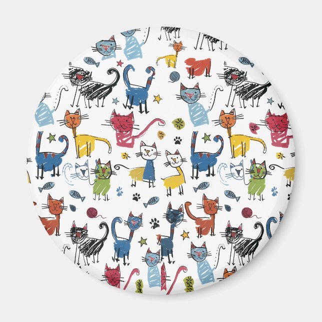 Vibrant Colorful Cats Hand Draw Kitten Magnet (Front)