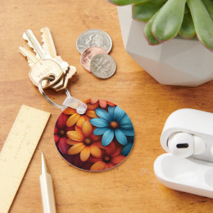 Vibrant Colorful Daisy, Blue, Yellow, Orange Color Key Ring