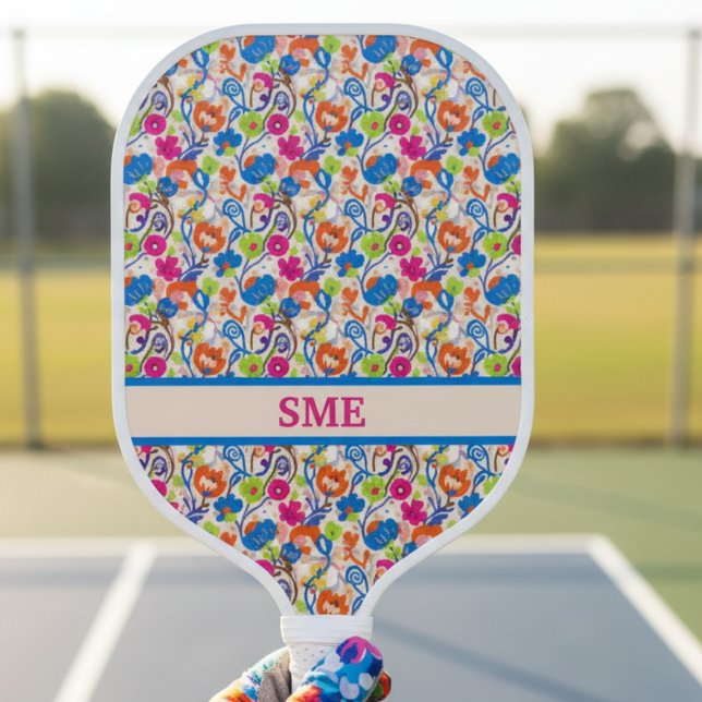Vibrant Colorful Floral Monogram Pickleball Paddle (Bright floral monogram pickleball paddle)