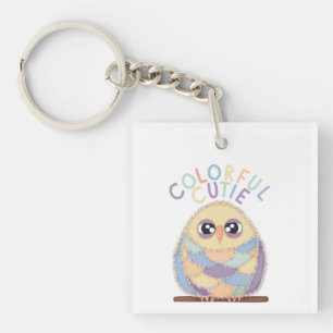 Vibrant Colorful Owl with Text Key Ring