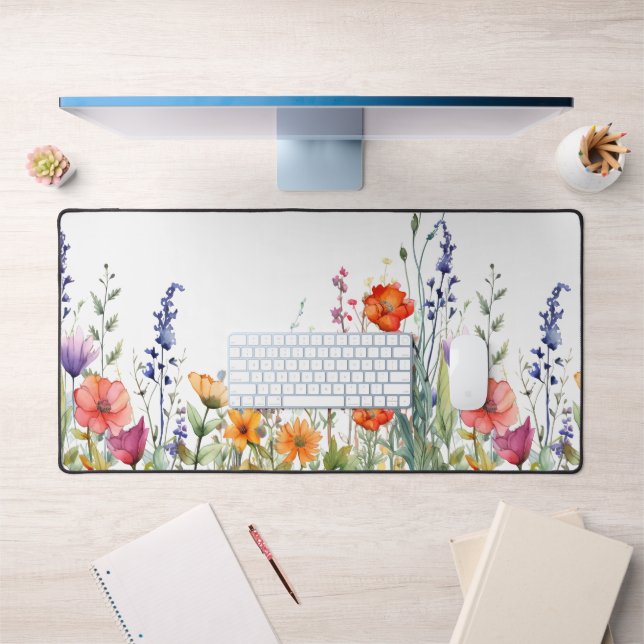 Vibrant Colorful Watercolor Wildflowers  Desk Mat (Office 1)