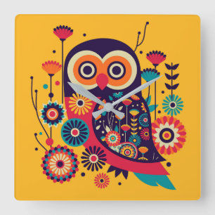 Vibrant colour abstract owl design square wall clock