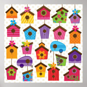 Vibrant colour bird houses poster