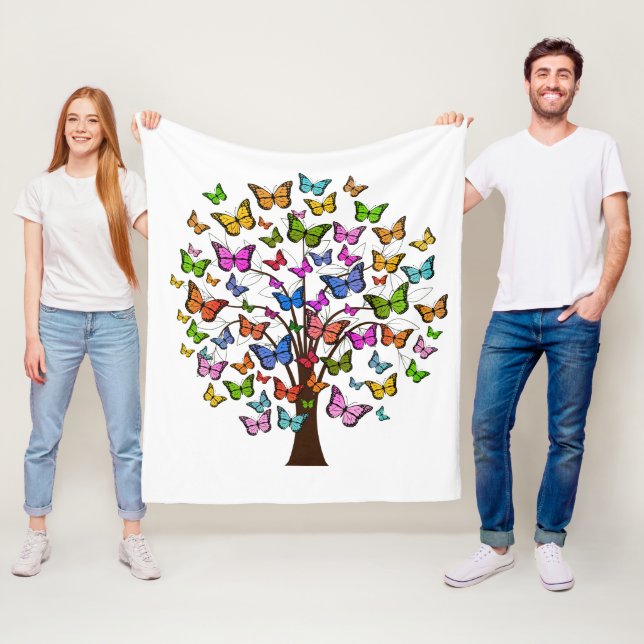 Vibrant colour butterfly tree fleece blanket (In Situ)