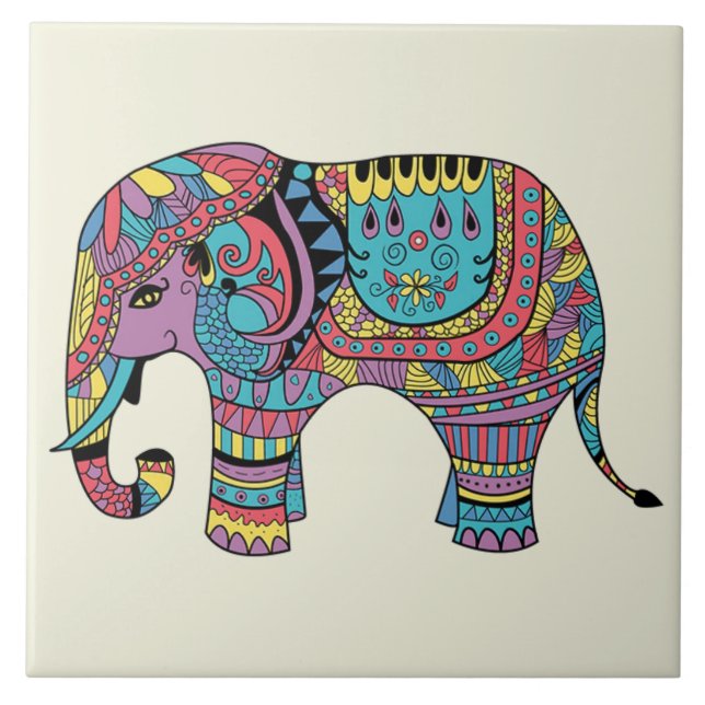 Vibrant Colour Mandala Elephant Tile (Front)