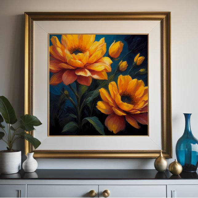 Vibrant Colour Yellow Orange Flowers on Blue 1:1 Poster (Creator Uploaded)