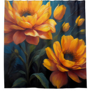 Vibrant Colour Yellow Orange Flowers on Blue Shower Curtain