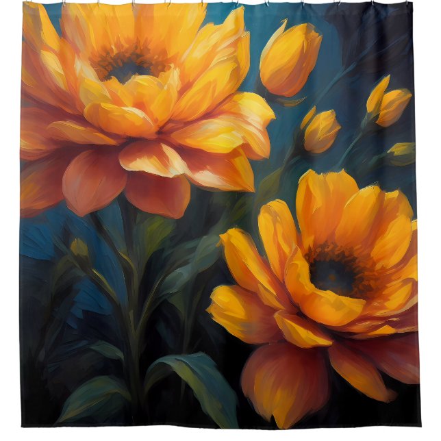 Vibrant Colour Yellow Orange Flowers on Blue Shower Curtain (Front)