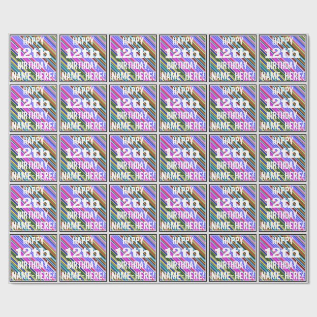 Vibrant, Colourful 12th Birthday + Custom Name Wrapping Paper (Flat)
