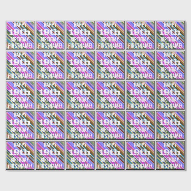 Vibrant, Colourful 19th Birthday + Custom Name Wrapping Paper (Flat)