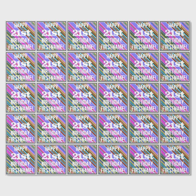 Vibrant, Colourful 21st Birthday + Custom Name Wrapping Paper (Flat)