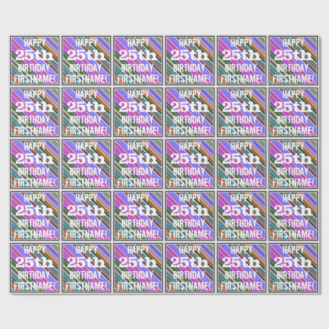 Vibrant, Colourful 25th Birthday + Custom Name Wrapping Paper (Flat)