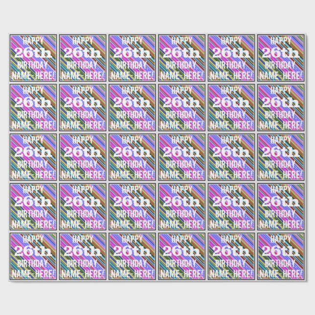 Vibrant, Colourful 26th Birthday + Custom Name Wrapping Paper (Flat)