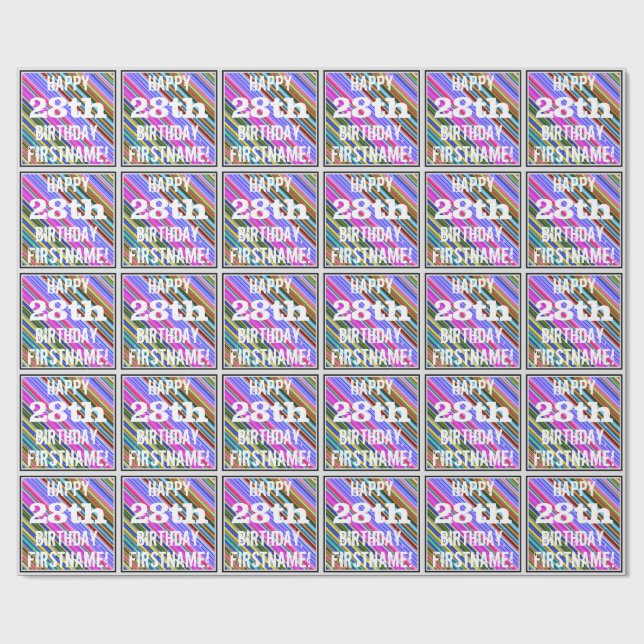 Vibrant, Colourful 28th Birthday + Custom Name Wrapping Paper (Flat)