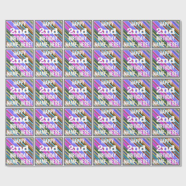 Vibrant, Colourful 2nd Birthday + Custom Name Wrapping Paper (Flat)
