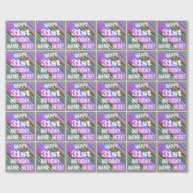 Vibrant, Colourful 31st Birthday + Custom Name Wrapping Paper (Flat)